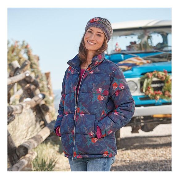 Sundance Kimmy Puffer Winter Coat Navy Blue Tapestry Floral L Jacket Boho - Picture 1 of 7